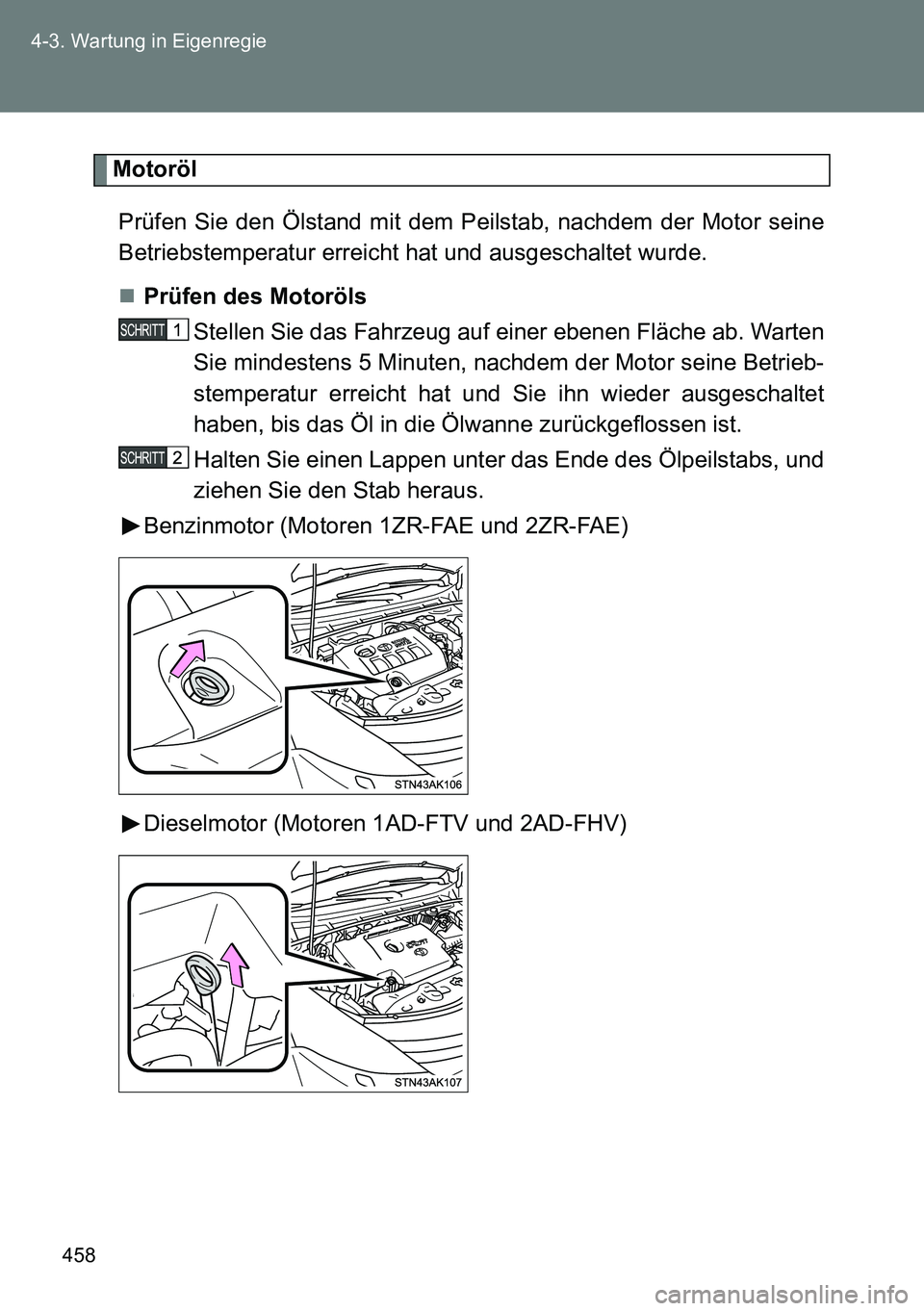 TOYOTA VERSO 2014  Betriebsanleitungen (in German) 458 4-3. Wartung in Eigenregie
Motoröl
Prüfen Sie den Ölstand mit dem Peilstab, nachdem der Motor seine
Betriebstemperatur erreicht hat und ausgeschaltet wurde.
Prüfen des Motoröls 
Stellen Si