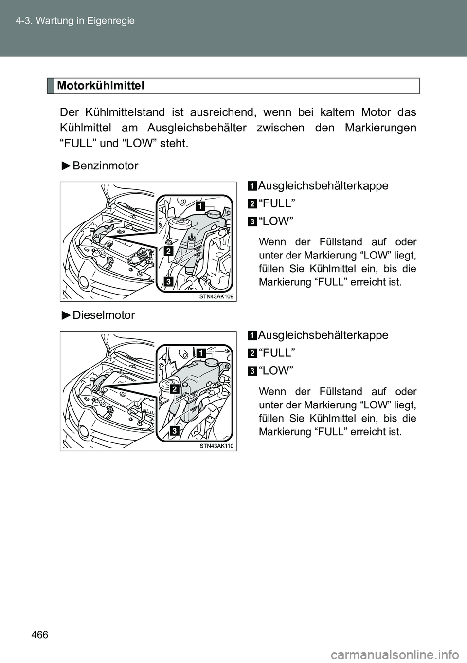 TOYOTA VERSO 2014  Betriebsanleitungen (in German) 466 4-3. Wartung in Eigenregie
Motorkühlmittel
Der Kühlmittelstand ist ausreichend, wenn bei kaltem Motor das
Kühlmittel am Ausgleichsbehälter zwischen den Markierungen
“FULL” und “LOW” st