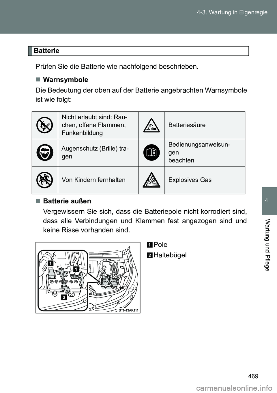 TOYOTA VERSO 2014  Betriebsanleitungen (in German) 469 4-3. Wartung in Eigenregie
4
Wartung und Pflege
Batterie
Prüfen Sie die Batterie wie nachfolgend beschrieben.
Warnsymbole
Die Bedeutung der oben auf der Batterie angebrachten Warnsymbole
ist w