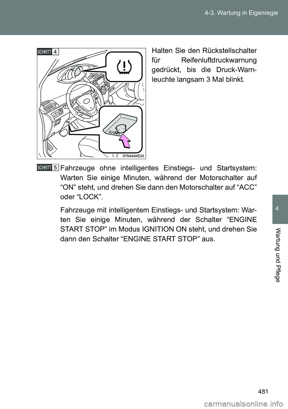 TOYOTA VERSO 2014  Betriebsanleitungen (in German) 481 4-3. Wartung in Eigenregie
4
Wartung und Pflege
Halten Sie den Rückstellschalter
für Reifenluftdruckwarnung
gedrückt, bis die Druck-Warn-
leuchte langsam 3 Mal blinkt.
Fahrzeuge ohne intelligen