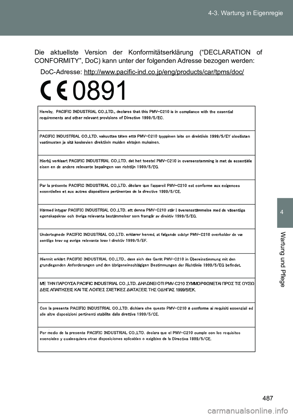 TOYOTA VERSO 2014  Betriebsanleitungen (in German) 487 4-3. Wartung in Eigenregie
4
Wartung und Pflege
Die aktuellste Version der Konformitätserklärung (“DECLARATION of
CONFORMITY”, DoC) kann unter der folgenden Adresse bezogen werden:
DoC-Adres