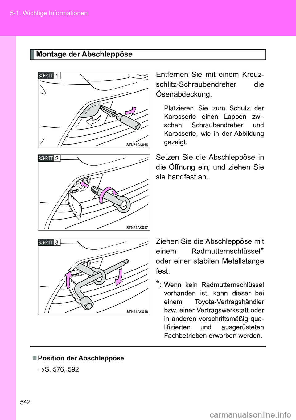 TOYOTA VERSO 2014  Betriebsanleitungen (in German) 542 5-1. Wichtige Informationen
Montage der Abschleppöse
Entfernen Sie mit einem Kreuz-
schlitz-Schraubendreher die
Ösenabdeckung. 
Platzieren Sie zum Schutz der
Karosserie einen Lappen zwi-
schen S