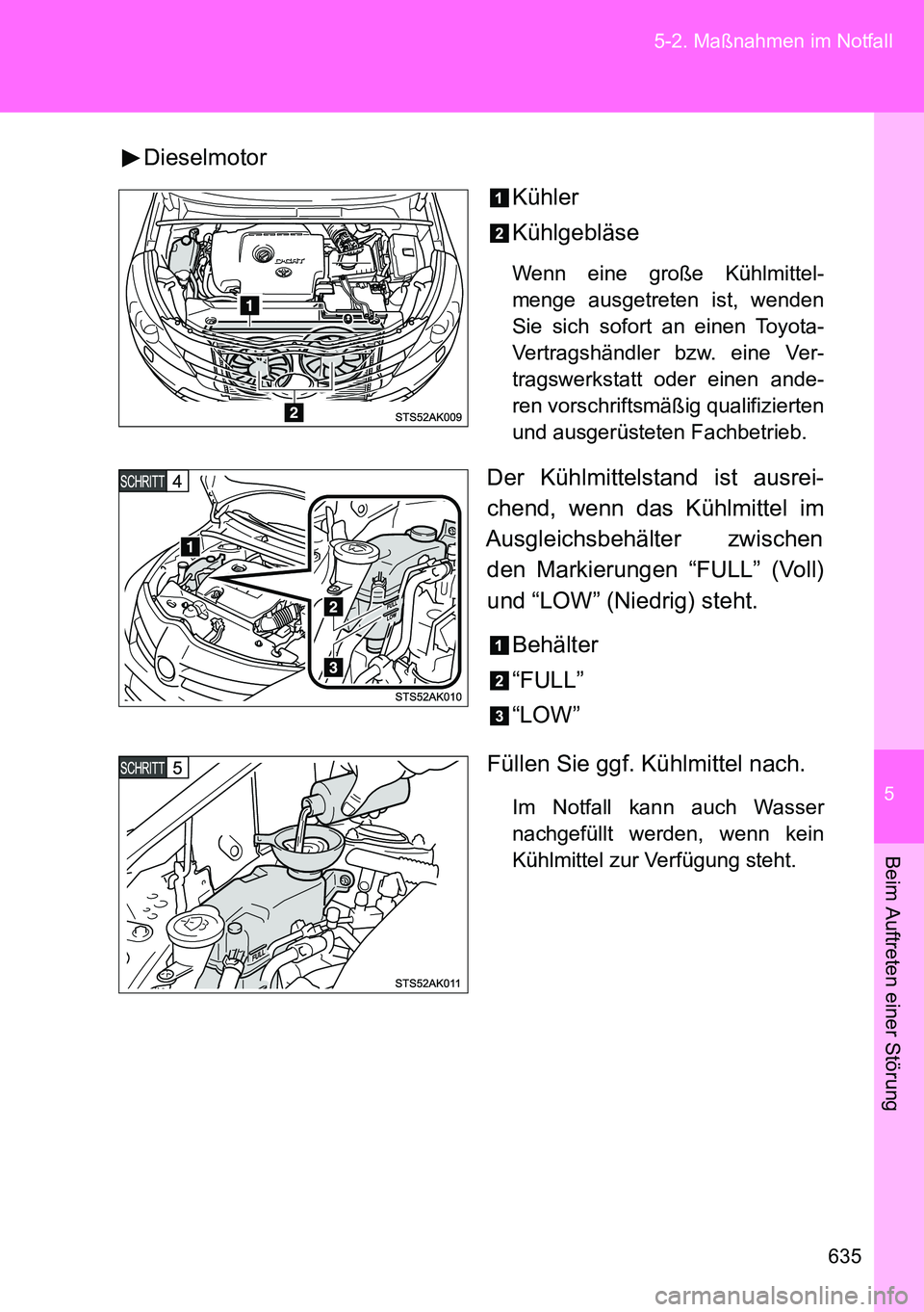 TOYOTA VERSO 2014  Betriebsanleitungen (in German) 5
635 5-2. Maßnahmen im Notfall
Beim Auftreten einer Störung
Dieselmotor
Kühler
Kühlgebläse
Wenn eine große Kühlmittel-
menge ausgetreten ist, wenden
Sie sich sofort an einen Toyota-
Vertragsh