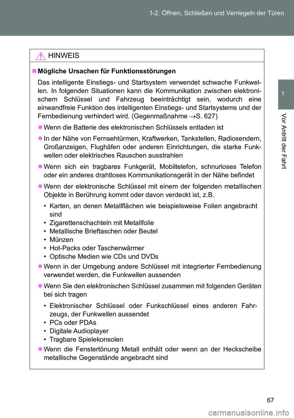 TOYOTA VERSO 2014 Betriebsanleitungen (in German) 67 1-2. Öffnen, Schließen und Verriegeln der Türen
1
Vor Antritt der Fahrt
HINWEIS
Mögliche Ursachen für Funktionsstörungen
Das intelligente Einstiegs- und Startsystem verwendet schwache Funk TOYOTA VERSO 2014 Betriebsanleitungen (in German) 67 1-2. Öffnen, Schließen und Verriegeln der Türen
1
Vor Antritt der Fahrt
HINWEIS
Mögliche Ursachen für Funktionsstörungen
Das intelligente Einstiegs- und Startsystem verwendet schwache Funk