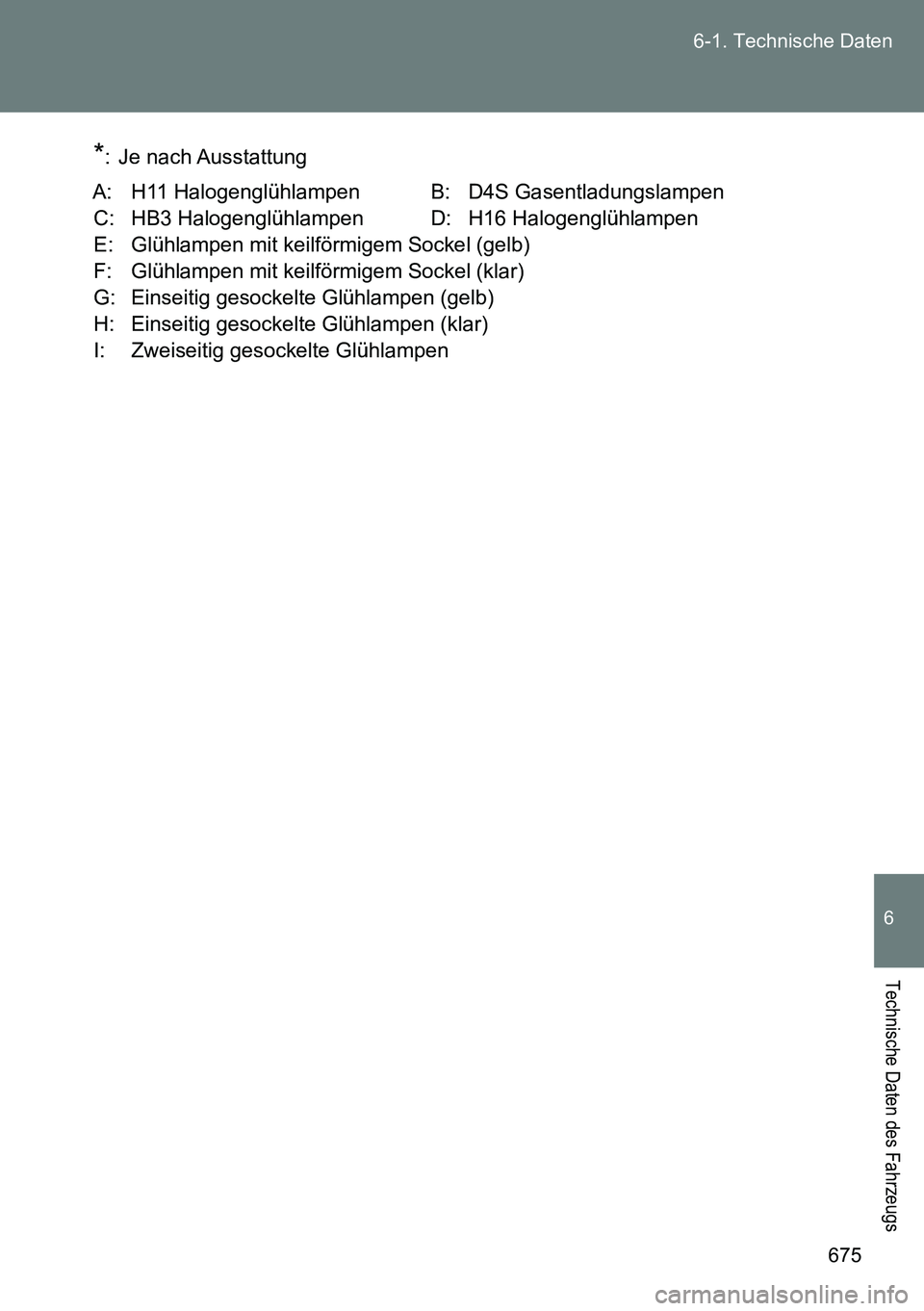 TOYOTA VERSO 2014  Betriebsanleitungen (in German) 675 6-1. Technische Daten
6
Technische Daten des Fahrzeugs
*: Je nach Ausstattung
A: H11 Halogenglühlampen B: D4S Gasentladungslampen
C: HB3 Halogenglühlampen D: H16 Halogenglühlampen
E: Glühlampe