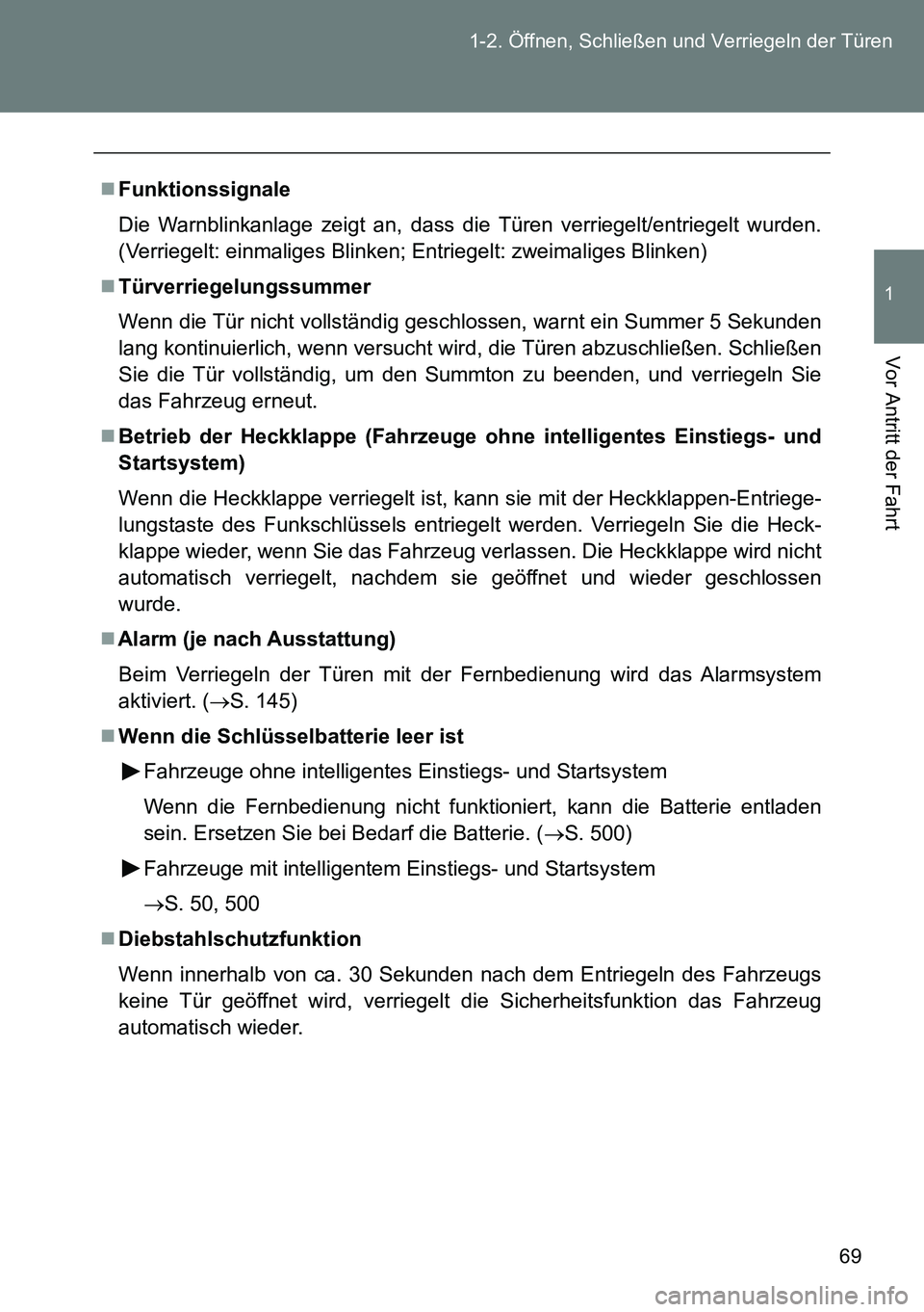 TOYOTA VERSO 2014 Betriebsanleitungen (in German) 69 1-2. Öffnen, Schließen und Verriegeln der Türen
1
Vor Antritt der Fahrt
Funktionssignale
Die Warnblinkanlage zeigt an, dass die Türen verriegelt/entriegelt wurden.
(Verriegelt: einmaliges Bl TOYOTA VERSO 2014 Betriebsanleitungen (in German) 69 1-2. Öffnen, Schließen und Verriegeln der Türen
1
Vor Antritt der Fahrt
Funktionssignale
Die Warnblinkanlage zeigt an, dass die Türen verriegelt/entriegelt wurden.
(Verriegelt: einmaliges Bl