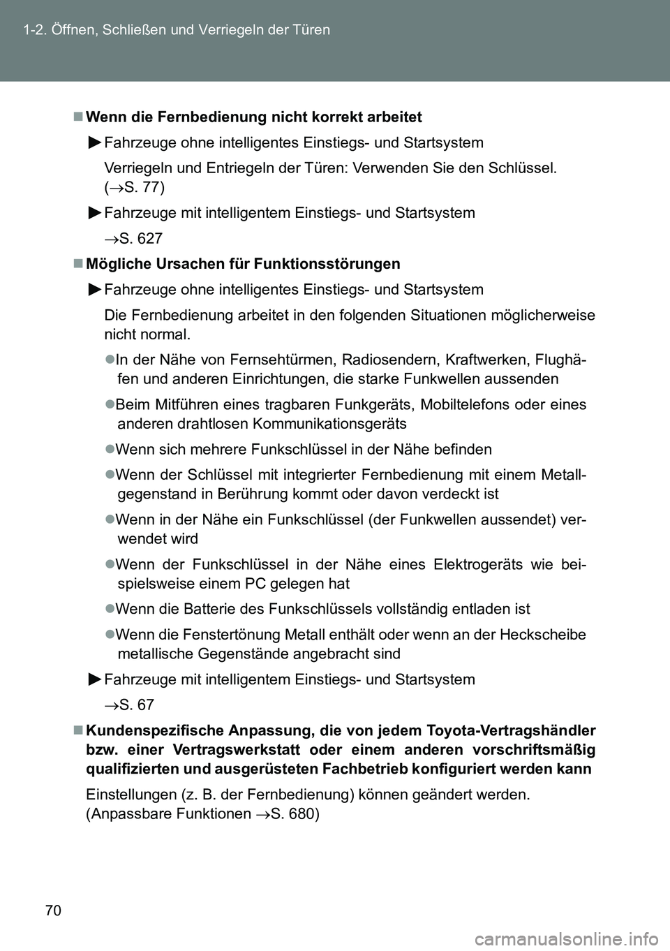 TOYOTA VERSO 2014 Betriebsanleitungen (in German) 70 1-2. Öffnen, Schließen und Verriegeln der Türen
Wenn die Fernbedienung nicht korrekt arbeitet
Fahrzeuge ohne intelligentes Einstiegs- und Startsystem
Verriegeln und Entriegeln der Türen: Ver TOYOTA VERSO 2014 Betriebsanleitungen (in German) 70 1-2. Öffnen, Schließen und Verriegeln der Türen
Wenn die Fernbedienung nicht korrekt arbeitet
Fahrzeuge ohne intelligentes Einstiegs- und Startsystem
Verriegeln und Entriegeln der Türen: Ver