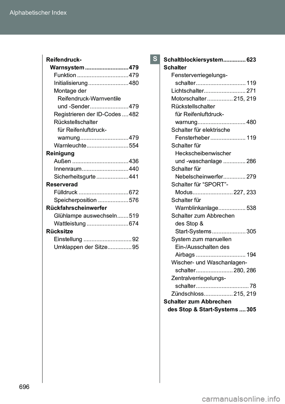 TOYOTA VERSO 2014  Betriebsanleitungen (in German) 696 Alphabetischer Index
Reifendruck- 
Warnsystem ........................... 479
Funktion ................................ 479
Initialisierung ......................... 480
Montage der 
Reifendruck-W