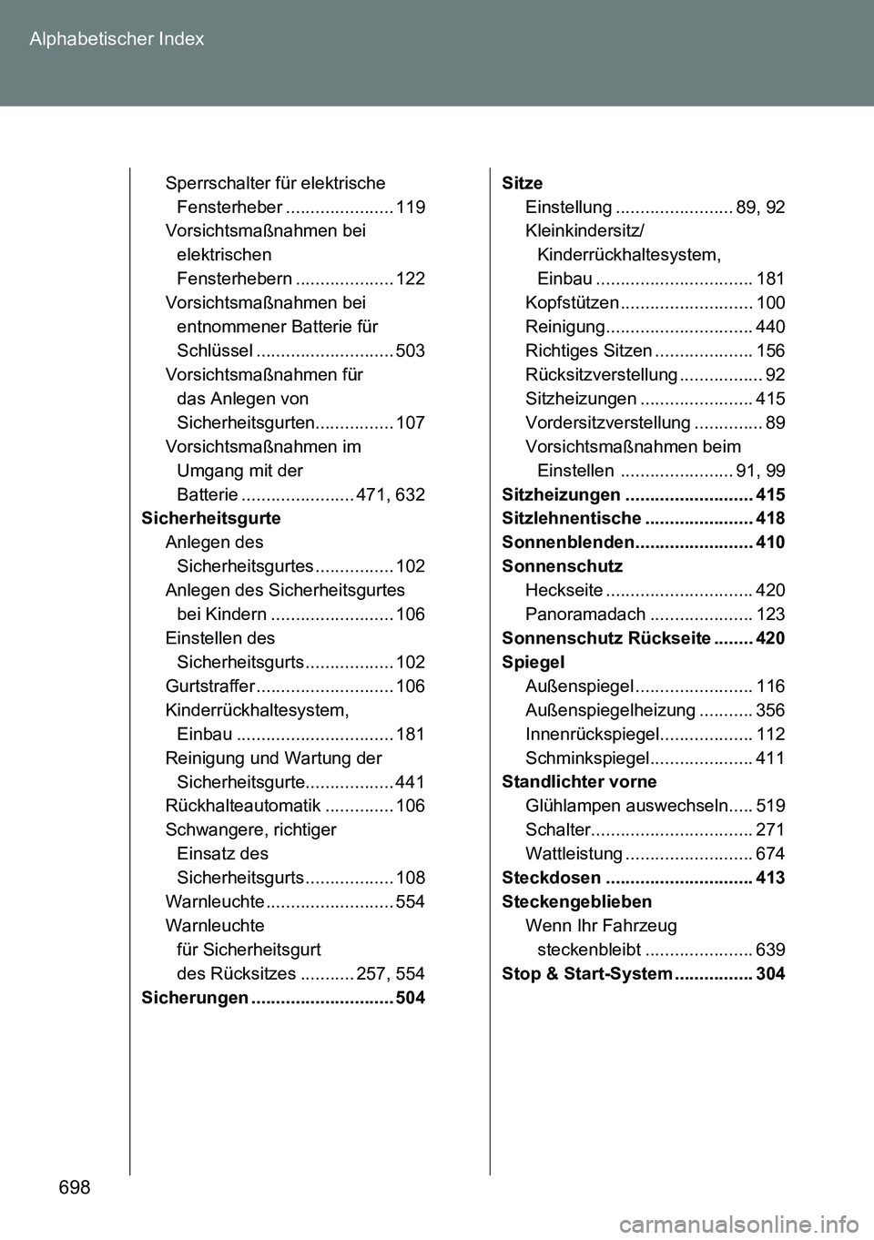 TOYOTA VERSO 2014  Betriebsanleitungen (in German) 698 Alphabetischer Index
Sperrschalter für elektrische 
Fensterheber ...................... 119
Vorsichtsmaßnahmen bei 
elektrischen 
Fensterhebern .................... 122
Vorsichtsmaßnahmen bei 
