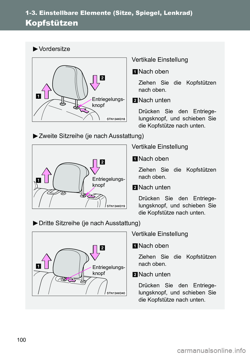 TOYOTA VERSO 2014  Betriebsanleitungen (in German) 100
1-3. Einstellbare Elemente (Sitze, Spiegel, Lenkrad)
Kopfstützen
Vordersitze
Vertikale Einstellung
Nach oben
Ziehen Sie die Kopfstützen
nach oben.
Nach unten
Drücken Sie den Entriege-
lungsknop