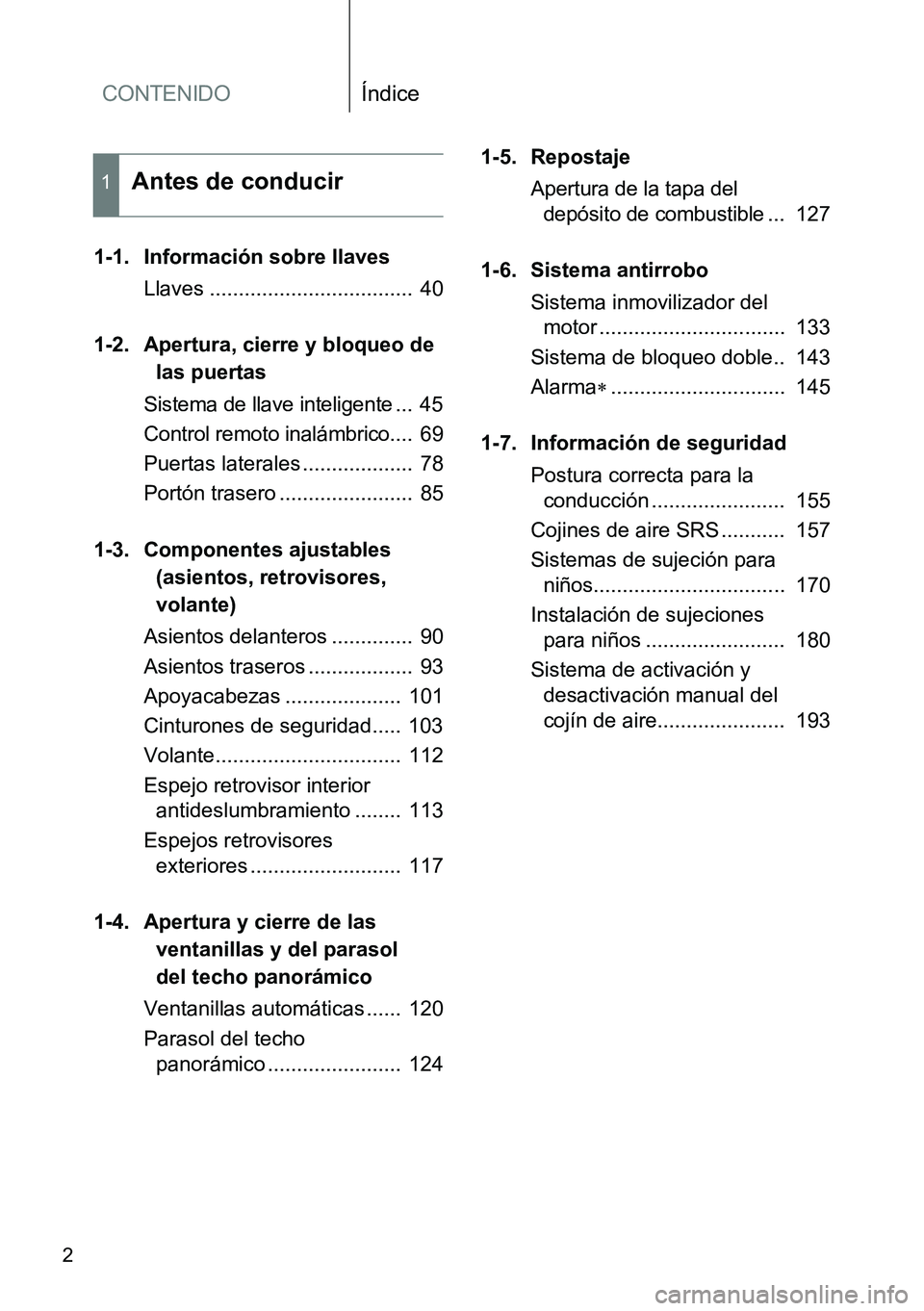 TOYOTA VERSO 2014 Manual del propietario (in Spanish) CONTENIDOÍndice
2
1-1. Información sobre llaves
Llaves ................................... 40
1-2. Apertura, cierre y bloqueo de
las puertas
Sistema de llave inteligente ... 45
Control remoto ina TOYOTA VERSO 2014 Manual del propietario (in Spanish) CONTENIDOÍndice
2
1-1. Información sobre llaves
Llaves ................................... 40
1-2. Apertura, cierre y bloqueo de
las puertas
Sistema de llave inteligente ... 45
Control remoto ina