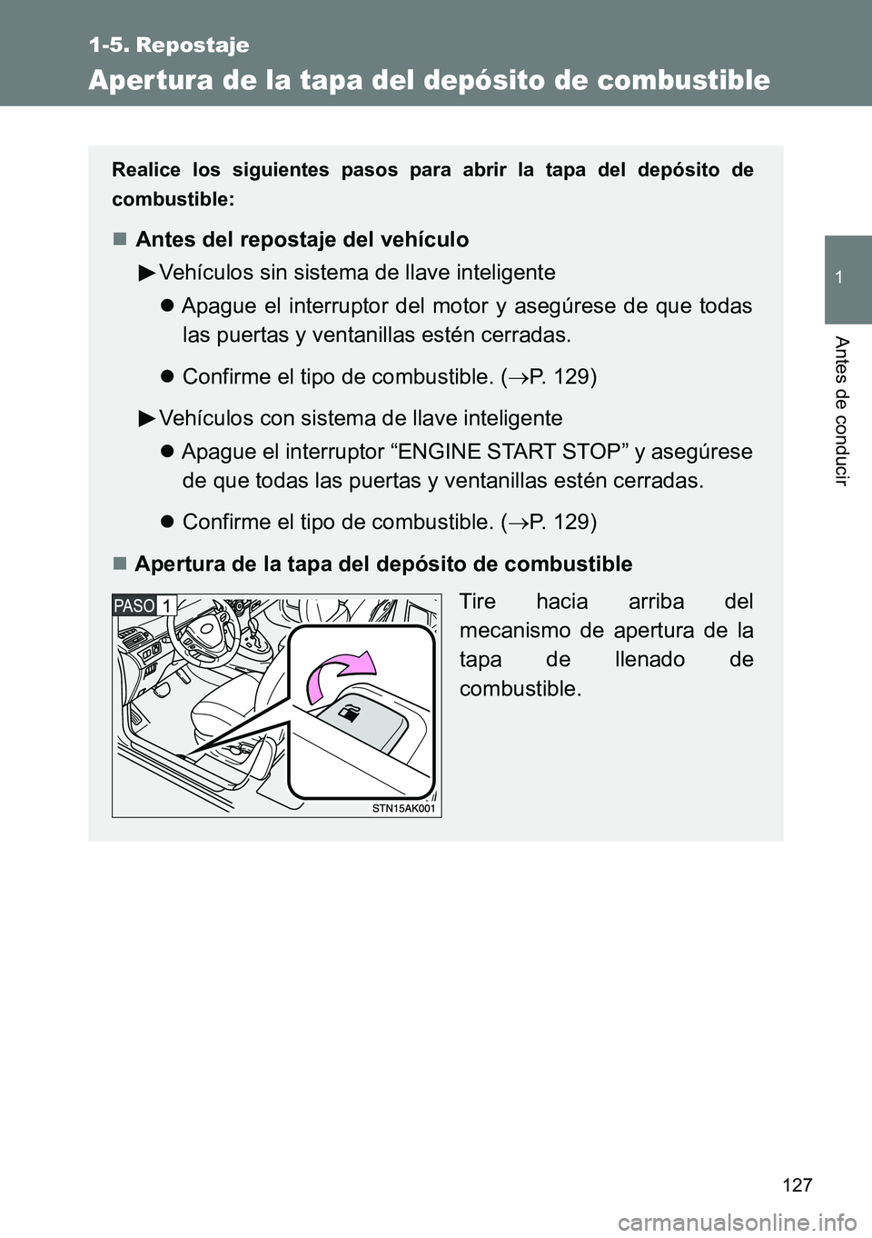 TOYOTA VERSO 2014  Manual del propietario (in Spanish) 127
1
Antes de conducir
1-5. Repostaje
Aper tura de la tapa del depósito de combustible
Realice los siguientes pasos para abrir la tapa del depósito de
combustible:
Antes del repostaje del vehíc
