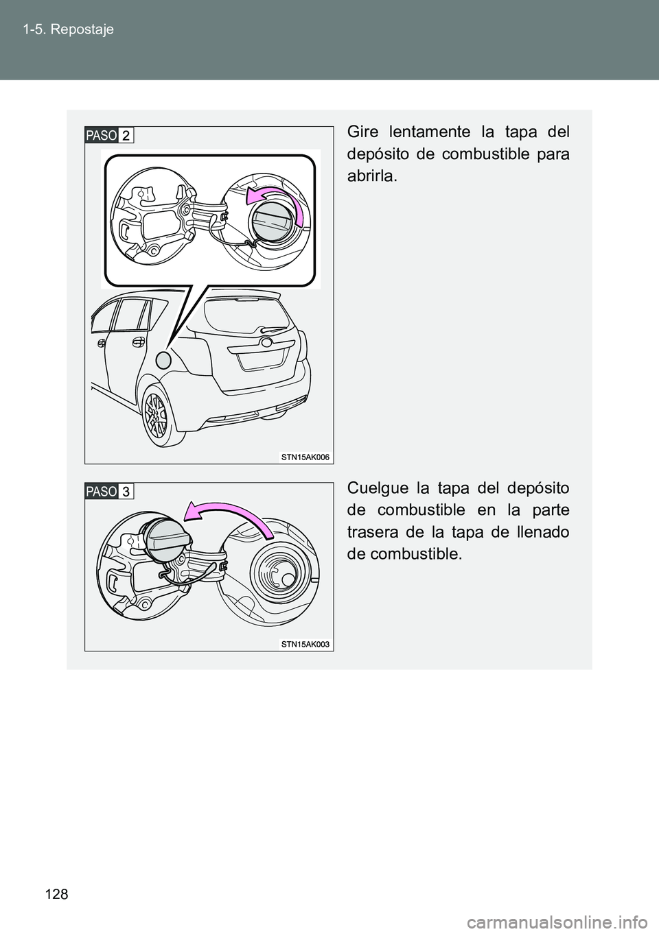 TOYOTA VERSO 2014  Manual del propietario (in Spanish) 128 1-5. Repostaje
Gire lentamente la tapa del
depósito de combustible para
abrirla.
Cuelgue la tapa del depósito
de combustible en la parte
trasera de la tapa de llenado
de combustible. 