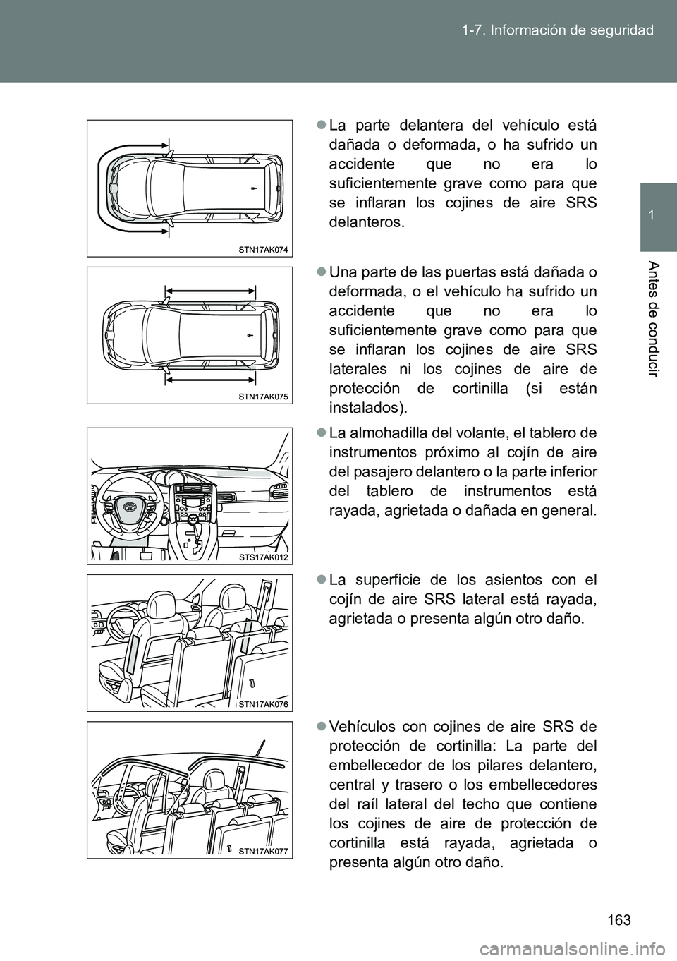 TOYOTA VERSO 2014 Manual del propietario (in Spanish) 163 1-7. Información de seguridad
1
Antes de conducir
La parte delantera del vehículo está
dañada o deformada, o ha sufrido un
accidente que no era lo
suficientemente grave como para que
se inf TOYOTA VERSO 2014 Manual del propietario (in Spanish) 163 1-7. Información de seguridad
1
Antes de conducir
La parte delantera del vehículo está
dañada o deformada, o ha sufrido un
accidente que no era lo
suficientemente grave como para que
se inf