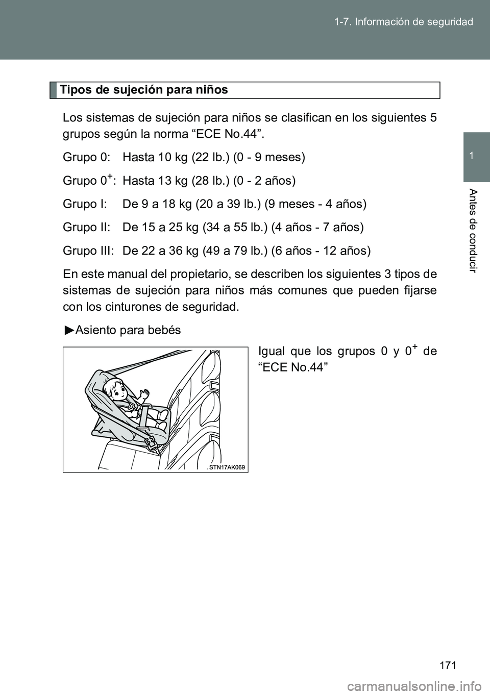 TOYOTA VERSO 2014  Manual del propietario (in Spanish) 171 1-7. Información de seguridad
1
Antes de conducir
Tipos de sujeción para niños
Los sistemas de sujeción para niños se clasifican en los siguientes 5
grupos según la norma “ECE No.44”.
Gr