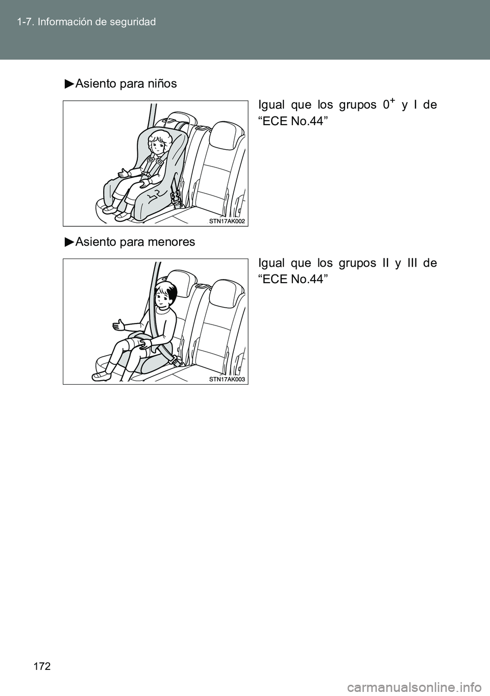 TOYOTA VERSO 2014  Manual del propietario (in Spanish) 172 1-7. Información de seguridad
Asiento para niños
Igual que los grupos 0
+ y I de
“ECE No.44”
Asiento para menores
Igual que los grupos II y III de
“ECE No.44” 