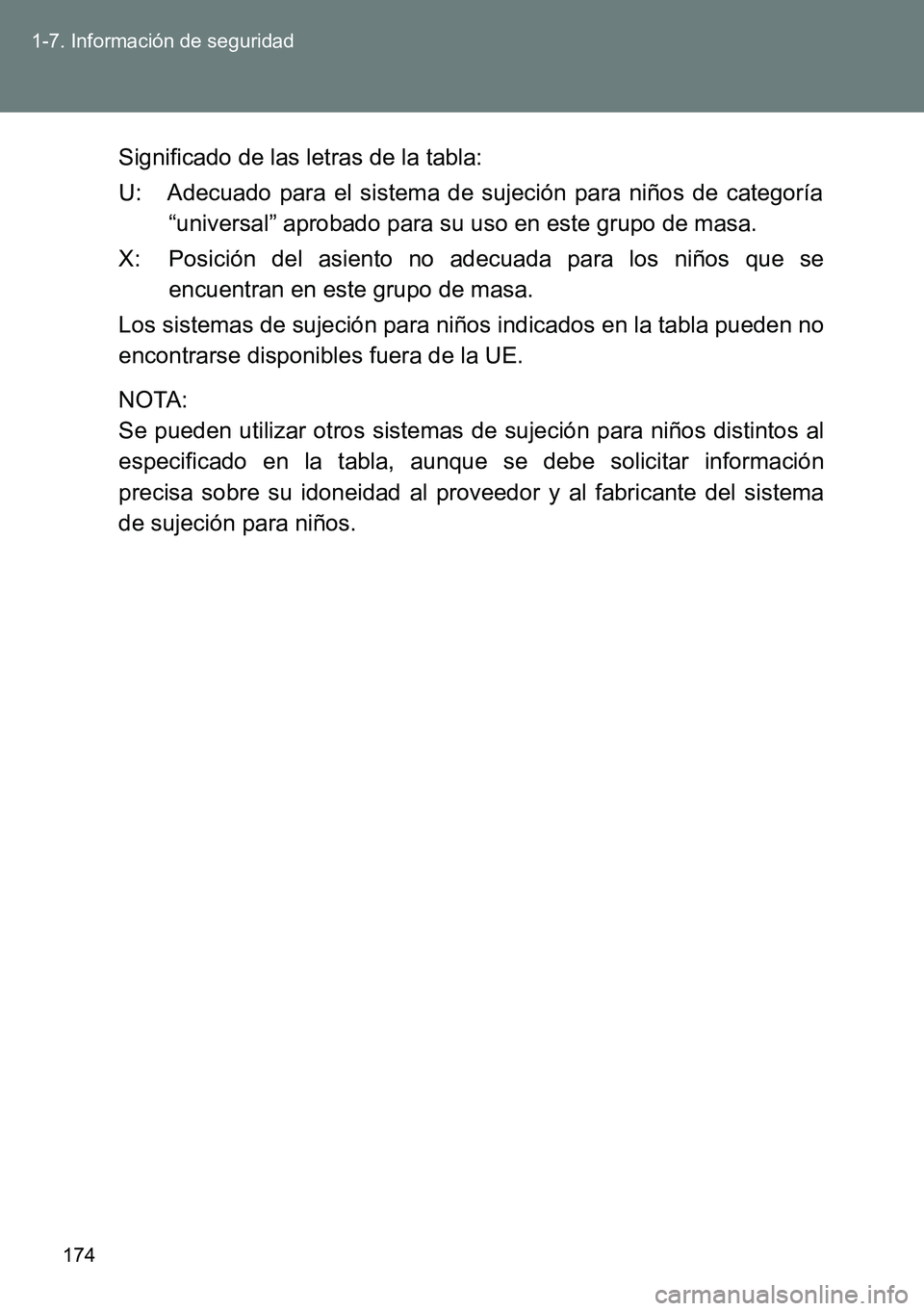 TOYOTA VERSO 2014  Manual del propietario (in Spanish) 174 1-7. Información de seguridad
Significado de las letras de la tabla:
U: Adecuado para el sistema de sujeción para niños de categoría
“universal” aprobado para su uso en este grupo de masa.
