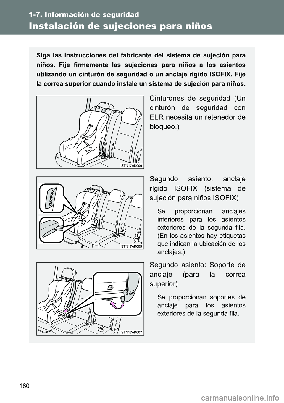 TOYOTA VERSO 2014  Manual del propietario (in Spanish) 180
1-7. Información de seguridad
Instalación de sujeciones para niños
Siga las instrucciones del fabricante del sistema de sujeción para
niños. Fije firmemente las sujeciones para niños a los a