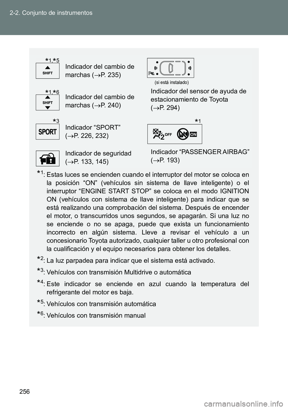 TOYOTA VERSO 2014 Manual del propietario (in Spanish) 256 2-2. Conjunto de instrumentos
*1: Estas luces se encienden cuando el interruptor del motor se coloca en
la posición “ON” (vehículos sin sistema de llave inteligente) o el
interruptor “ENGI TOYOTA VERSO 2014 Manual del propietario (in Spanish) 256 2-2. Conjunto de instrumentos
*1: Estas luces se encienden cuando el interruptor del motor se coloca en
la posición “ON” (vehículos sin sistema de llave inteligente) o el
interruptor “ENGI
