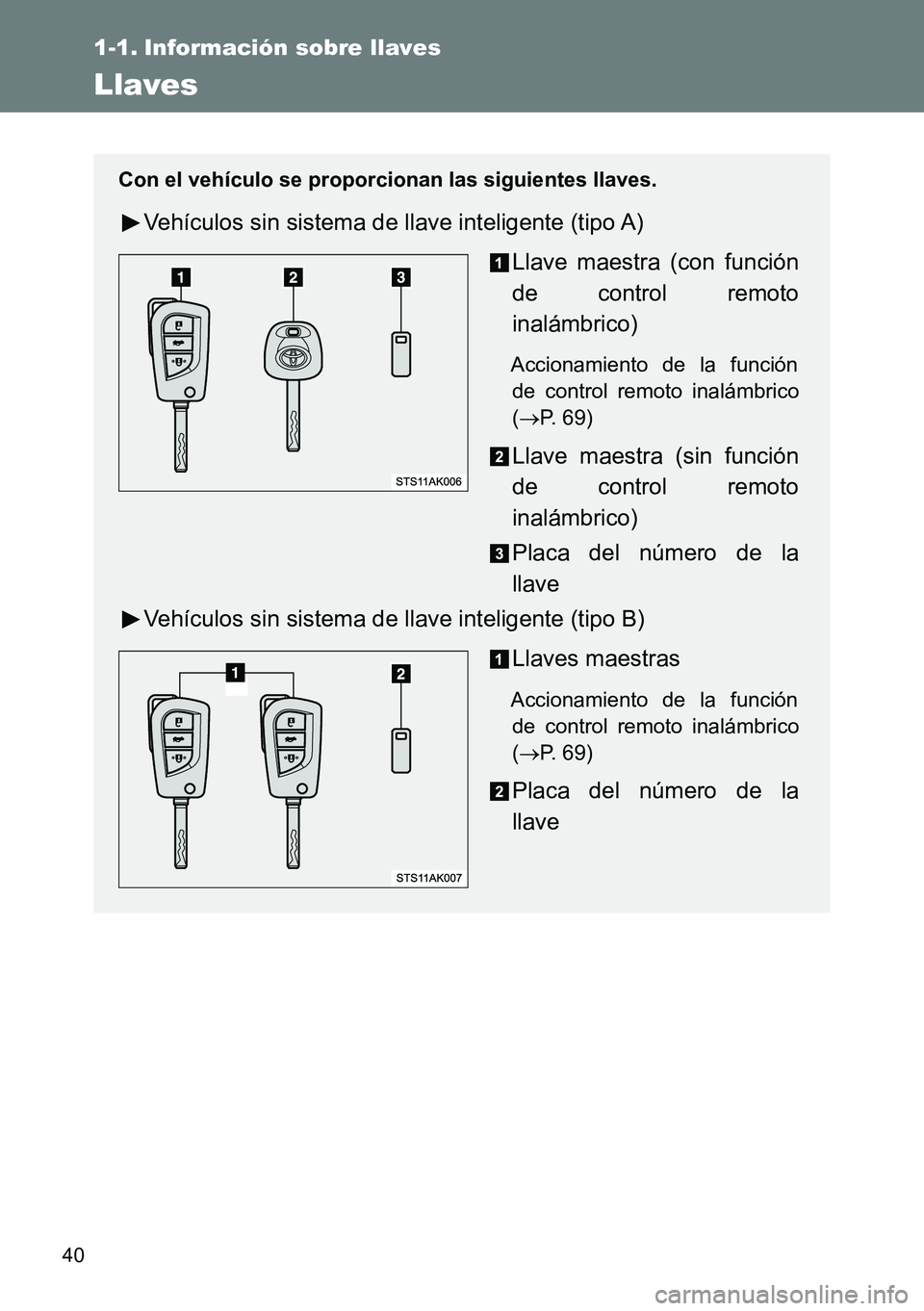 TOYOTA VERSO 2014  Manual del propietario (in Spanish) 40
1-1. Información sobre llaves
Llaves
Con el vehículo se proporcionan las siguientes llaves.
Vehículos sin sistema de llave inteligente (tipo A)
Llave maestra (con función
de control remoto
inal