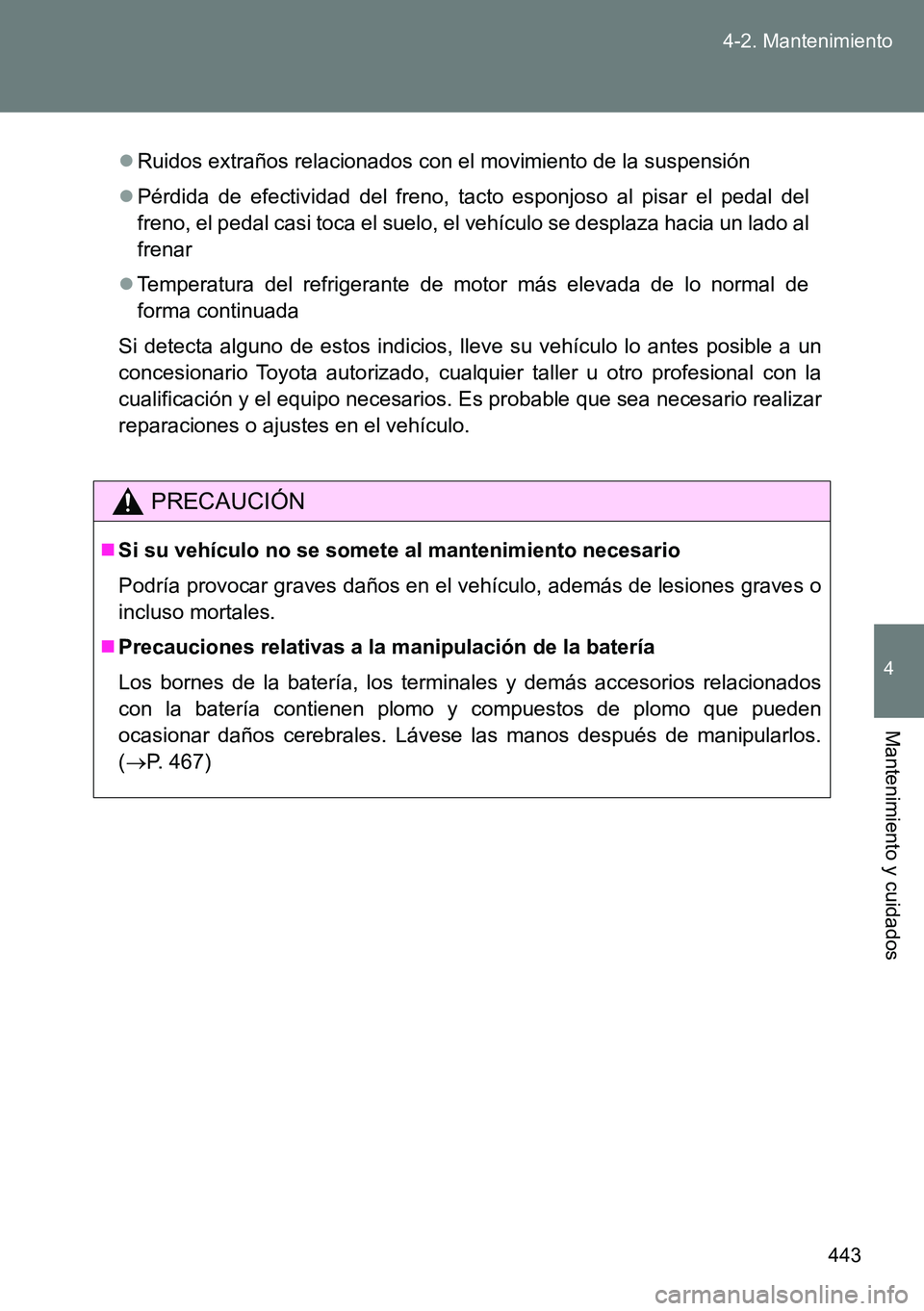 TOYOTA VERSO 2014 Manual del propietario (in Spanish) 443 4-2. Mantenimiento
4
Mantenimiento y cuidados
Ruidos extraños relacionados con el movimiento de la suspensión
Pérdida de efectividad del freno, tacto esponjoso al pisar el pedal del
freno TOYOTA VERSO 2014 Manual del propietario (in Spanish) 443 4-2. Mantenimiento
4
Mantenimiento y cuidados
Ruidos extraños relacionados con el movimiento de la suspensión
Pérdida de efectividad del freno, tacto esponjoso al pisar el pedal del
freno