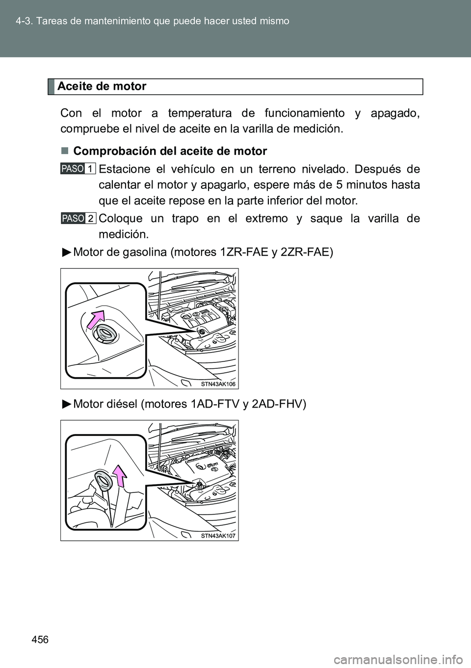 TOYOTA VERSO 2014  Manual del propietario (in Spanish) 456 4-3. Tareas de mantenimiento que puede hacer usted mismo
Aceite de motor
Con el motor a temperatura de funcionamiento y apagado,
compruebe el nivel de aceite en la varilla de medición.
Comprob