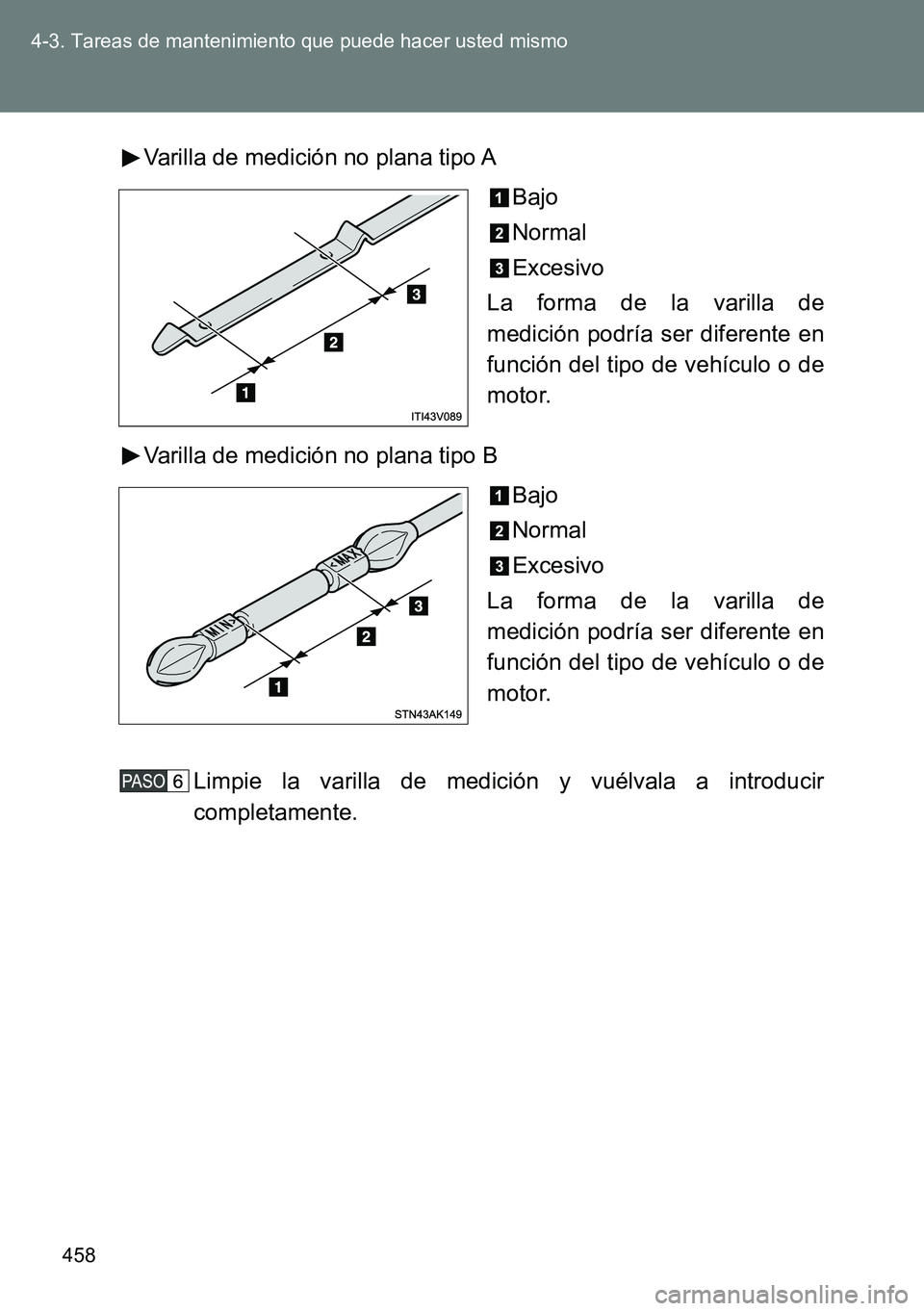TOYOTA VERSO 2014  Manual del propietario (in Spanish) 458 4-3. Tareas de mantenimiento que puede hacer usted mismo
Varilla de medición no plana tipo A
Bajo
Normal
Excesivo
La forma de la varilla de
medición podría ser diferente en
función del tipo de