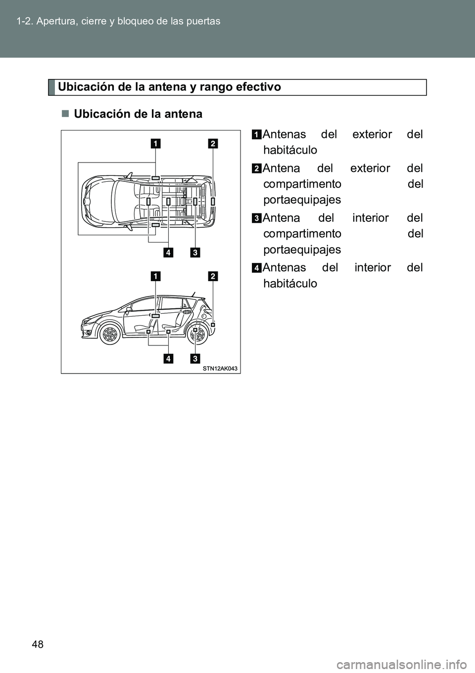 TOYOTA VERSO 2014  Manual del propietario (in Spanish) 48 1-2. Apertura, cierre y bloqueo de las puertas
Ubicación de la antena y rango efectivo
Ubicación de la antena
Antenas del exterior del
habitáculo
Antena del exterior del
compartimento del
por