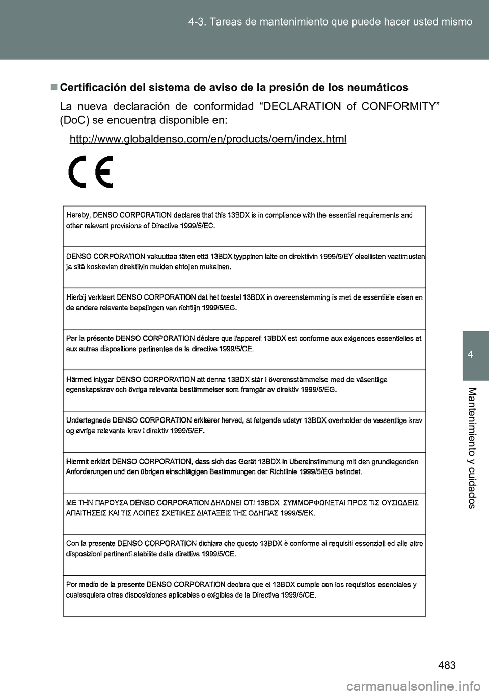 TOYOTA VERSO 2014  Manual del propietario (in Spanish) 483 4-3. Tareas de mantenimiento que puede hacer usted mismo
4
Mantenimiento y cuidados
Certificación del sistema de aviso de la presión de los neumáticos
La nueva declaración de conformidad 