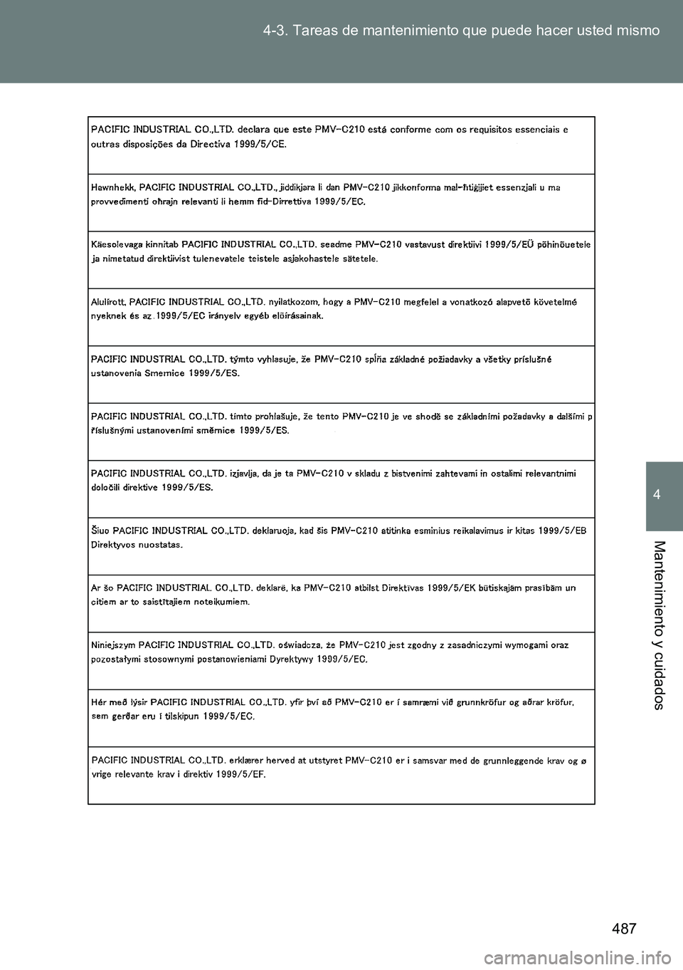TOYOTA VERSO 2014  Manual del propietario (in Spanish) 487 4-3. Tareas de mantenimiento que puede hacer usted mismo
4
Mantenimiento y cuidados 