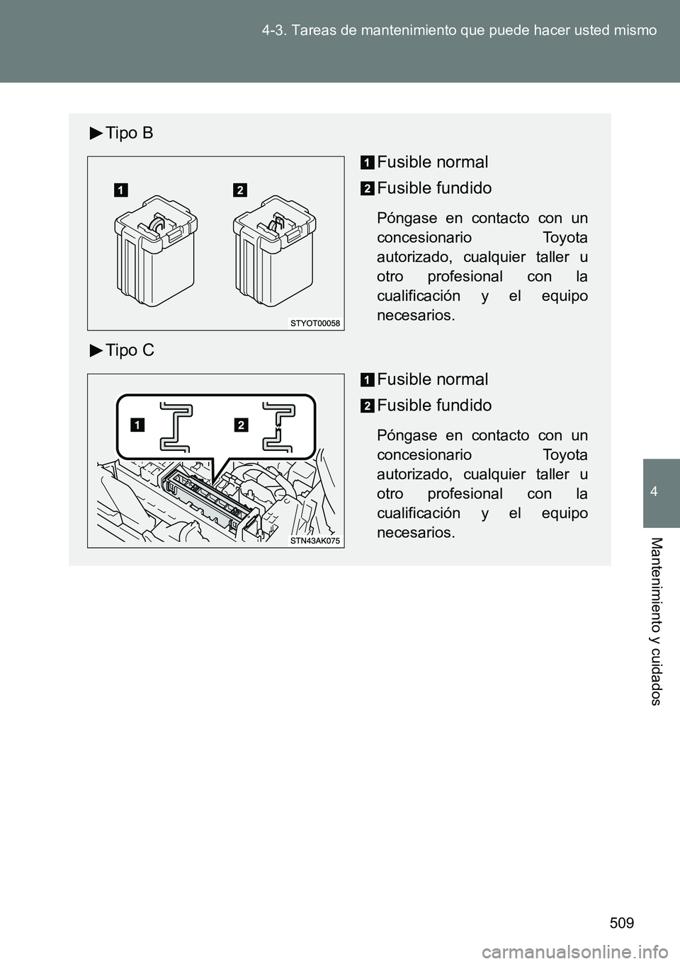 TOYOTA VERSO 2014  Manual del propietario (in Spanish) 509 4-3. Tareas de mantenimiento que puede hacer usted mismo
4
Mantenimiento y cuidados
Tipo B
Fusible normal
Fusible fundido
Póngase en contacto con un
concesionario Toyota
autorizado, cualquier tal