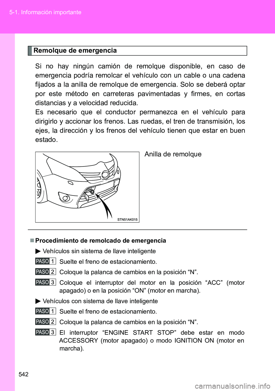 TOYOTA VERSO 2014  Manual del propietario (in Spanish) 542 5-1. Información importante
Remolque de emergencia
Si no hay ningún camión de remolque disponible, en caso de
emergencia podría remolcar el vehículo con un cable o una cadena
fijados a la ani