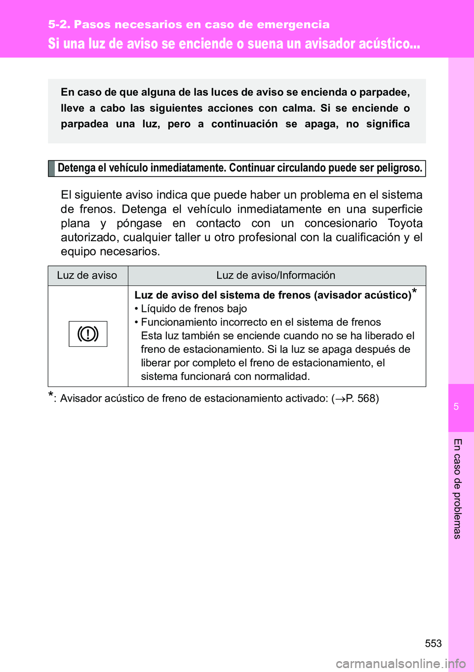 TOYOTA VERSO 2014  Manual del propietario (in Spanish) 5
553
En caso de problemas
5-2. Pasos necesarios en caso de emergencia
Si una luz de aviso se enciende o suena un avisador acústico...
Detenga el vehículo inmediatamente. Continuar circulando puede 