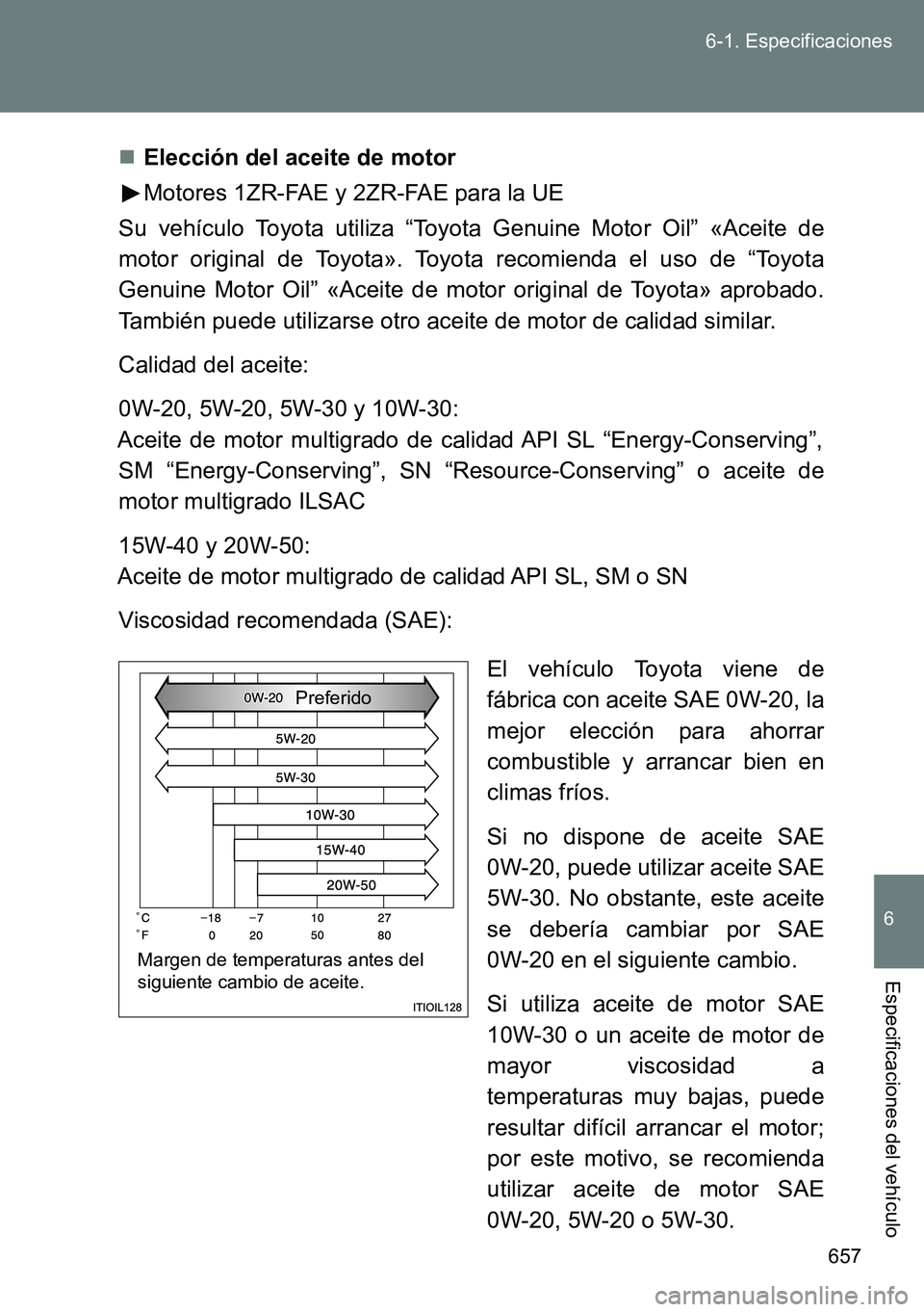 TOYOTA VERSO 2014 Manual del propietario (in Spanish) 657 6-1. Especificaciones
6
Especificaciones del vehículo
Elección del aceite de motor
Motores 1ZR-FAE y 2ZR-FAE para la UE
Su vehículo Toyota utiliza “Toyota Genuine Motor Oil” «Aceite de
TOYOTA VERSO 2014 Manual del propietario (in Spanish) 657 6-1. Especificaciones
6
Especificaciones del vehículo
Elección del aceite de motor
Motores 1ZR-FAE y 2ZR-FAE para la UE
Su vehículo Toyota utiliza “Toyota Genuine Motor Oil” «Aceite de