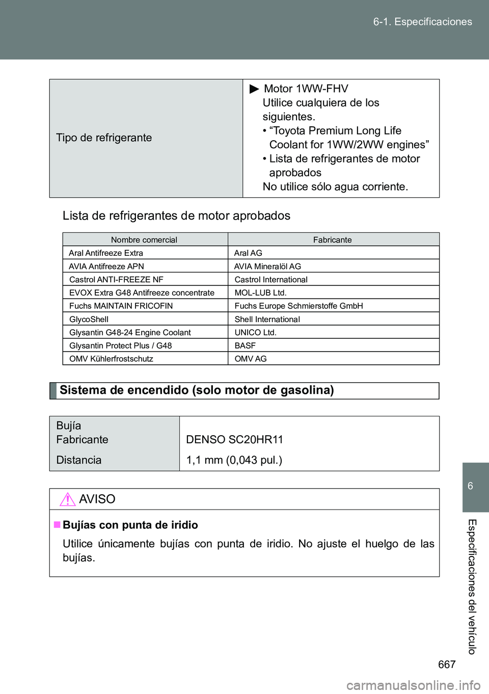 TOYOTA VERSO 2014  Manual del propietario (in Spanish) 667 6-1. Especificaciones
6
Especificaciones del vehículo
Lista de refrigerantes de motor aprobados
Sistema de encendido (solo motor de gasolina)
Tipo de refrigeranteMotor 1WW-FHV
Utilice cualquiera 