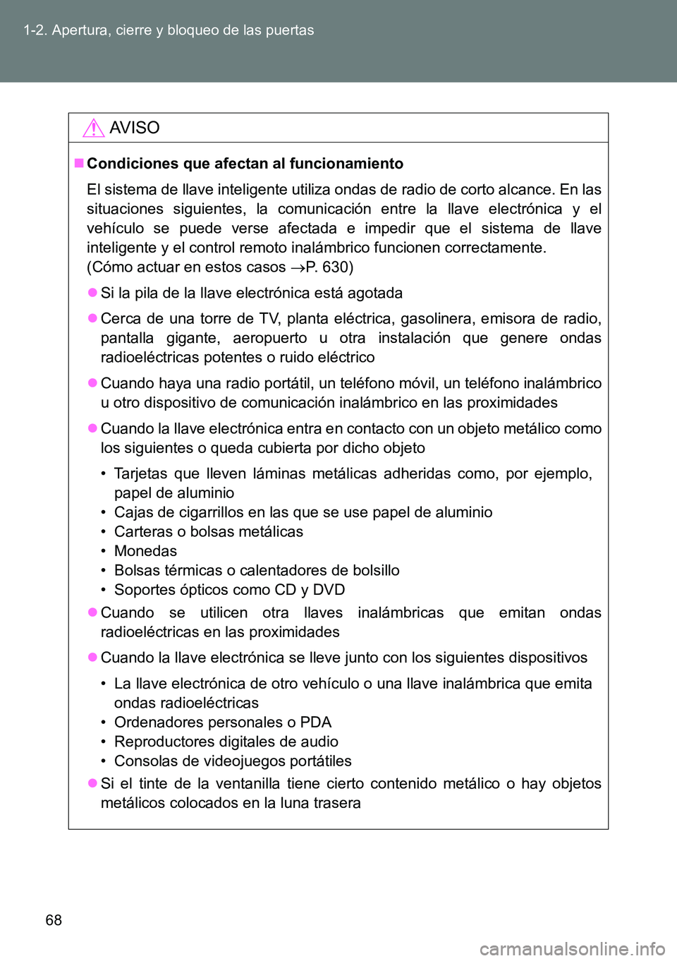 TOYOTA VERSO 2014 Manual del propietario (in Spanish) 68 1-2. Apertura, cierre y bloqueo de las puertas
AVISO
Condiciones que afectan al funcionamiento
El sistema de llave inteligente utiliza ondas de radio de corto alcance. En las
situaciones siguien TOYOTA VERSO 2014 Manual del propietario (in Spanish) 68 1-2. Apertura, cierre y bloqueo de las puertas
AVISO
Condiciones que afectan al funcionamiento
El sistema de llave inteligente utiliza ondas de radio de corto alcance. En las
situaciones siguien