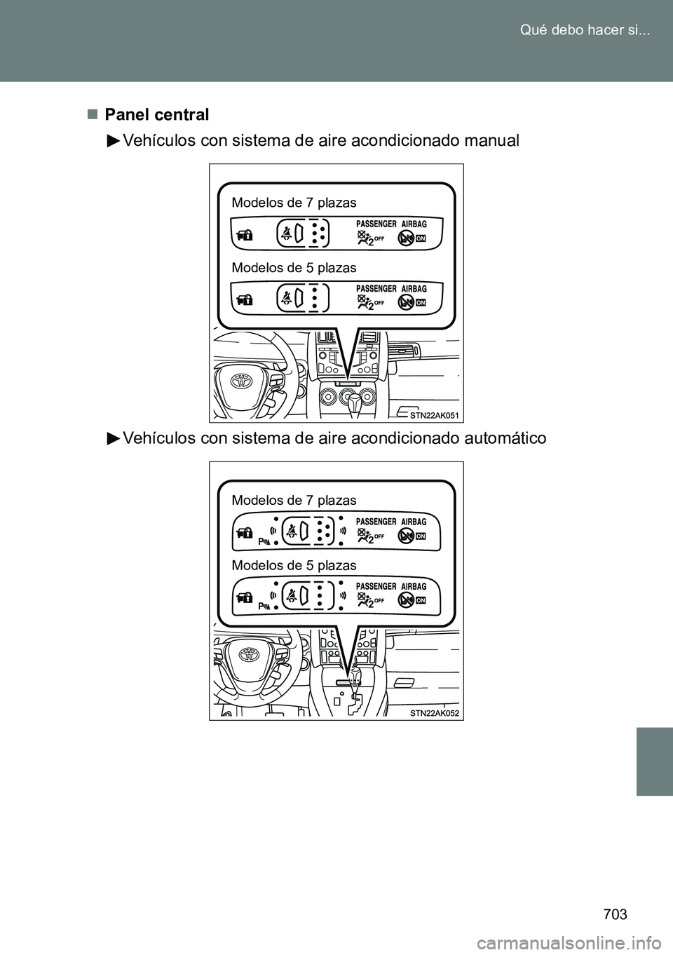 TOYOTA VERSO 2014  Manual del propietario (in Spanish) 703 Qué debo hacer si...
Panel central
Vehículos con sistema de aire acondicionado manual
Vehículos con sistema de aire acondicionado automático
Modelos de 7 plazas
Modelos de 5 plazas
Modelos 