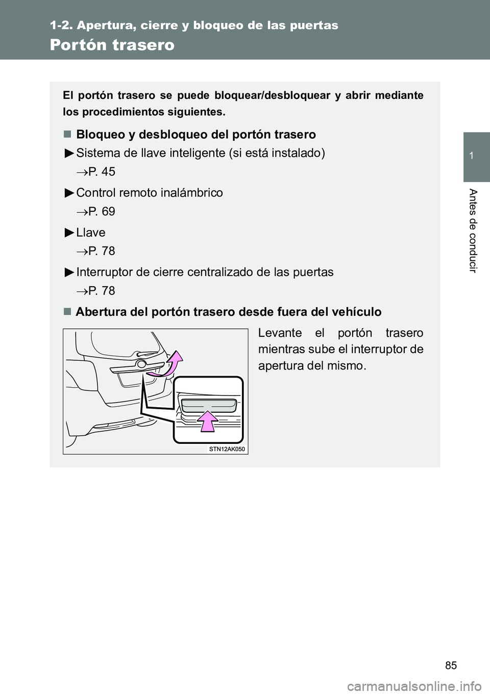 TOYOTA VERSO 2014  Manual del propietario (in Spanish) 85
1
1-2. Apertura, cierre y bloqueo de las puertas
Antes de conducir
Por tón trasero
El portón trasero se puede bloquear/desbloquear y abrir mediante
los procedimientos siguientes.
Bloqueo y des