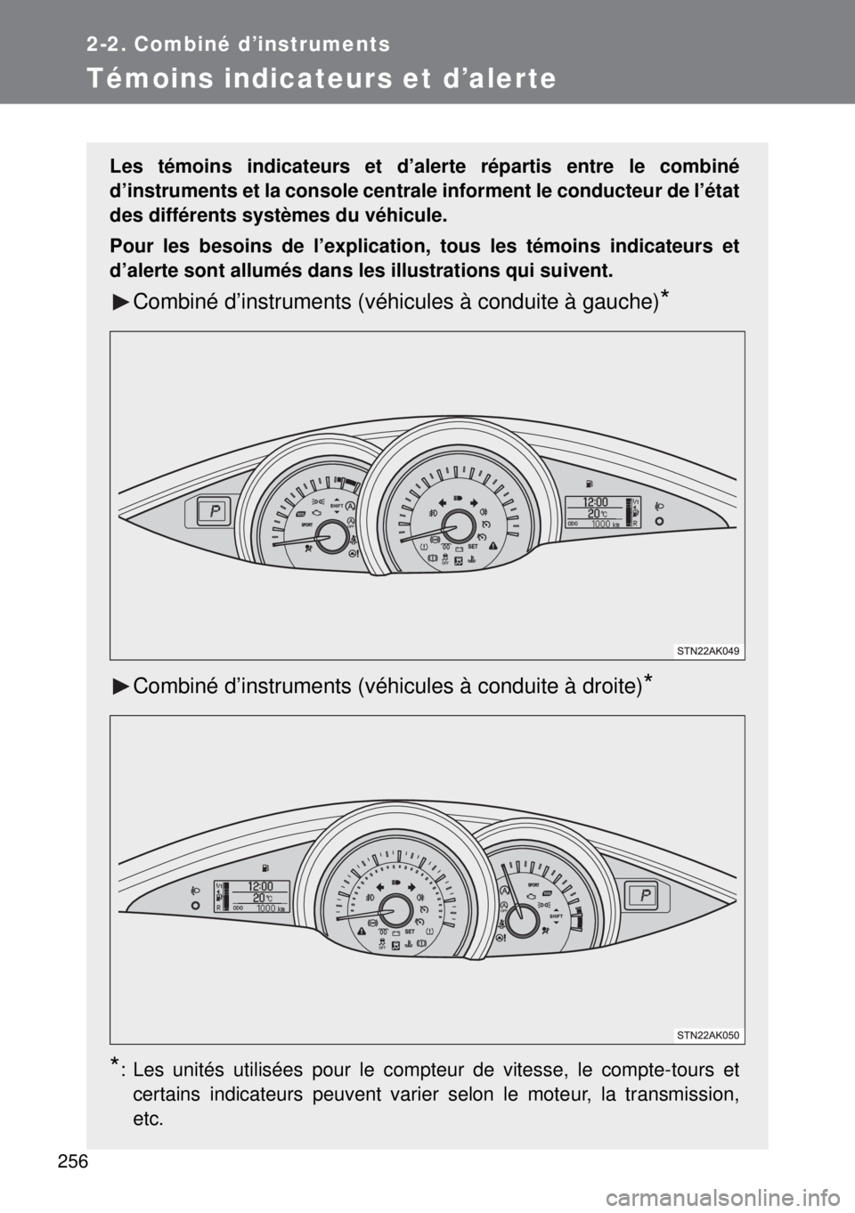 TOYOTA VERSO 2014  Manuel du propriétaire (in French) 256
2-2. Combiné d’instruments
Témoins indicateurs et d’alerte
Les témoins indicateurs et d’alerte répartis entre le combiné
d’instruments et la console centrale informent le conducteur d