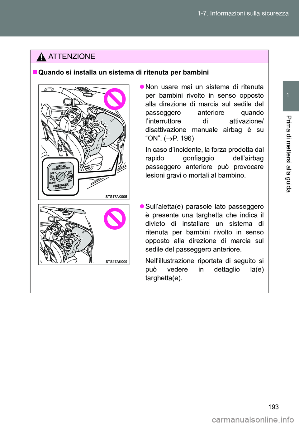 TOYOTA VERSO 2014  Manuale duso (in Italian) 193 1-7. Informazioni sulla sicurezza
1
Prima di mettersi alla guida
ATTENZIONE
Quando si installa un sistema di ritenuta per bambini
Non usare mai un sistema di ritenuta
per bambini rivolto in 