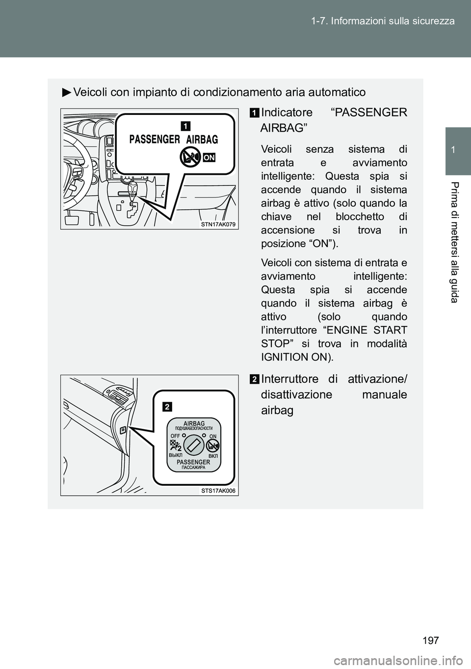 TOYOTA VERSO 2014  Manuale duso (in Italian) 197 1-7. Informazioni sulla sicurezza
1
Prima di mettersi alla guida
Veicoli con impianto di condizionamento aria automatico
Indicatore “PASSENGER
AIRBAG”
Veicoli senza sistema di
entrata e avviam