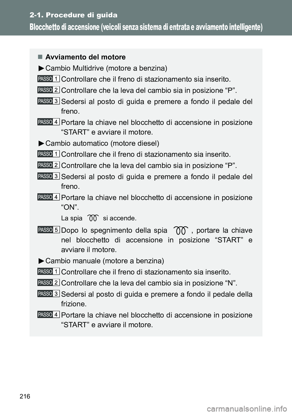 TOYOTA VERSO 2014  Manuale duso (in Italian) 216
2-1. Procedure di guida
Blocchetto di accensione (veicoli senza sistema di entrata e avviamento intelligente)
Avviamento del motore
Cambio Multidrive (motore a benzina)
Controllare che il freno