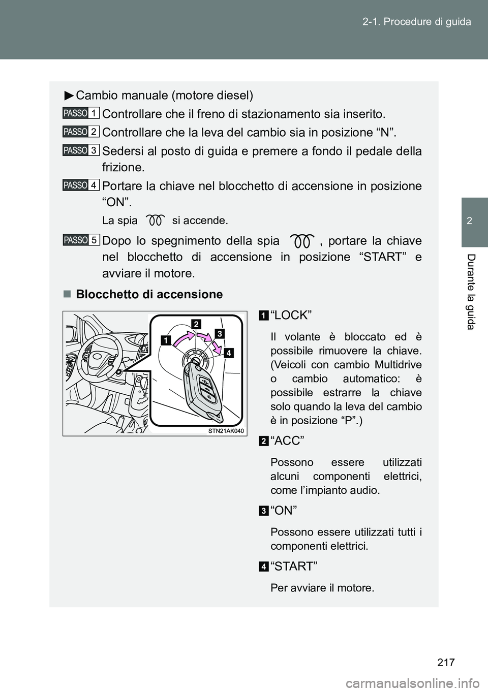 TOYOTA VERSO 2014  Manuale duso (in Italian) 217 2-1. Procedure di guida
2
Durante la guida
Cambio manuale (motore diesel)
Controllare che il freno di stazionamento sia inserito.
Controllare che la leva del cambio sia in posizione “N”.
Seder