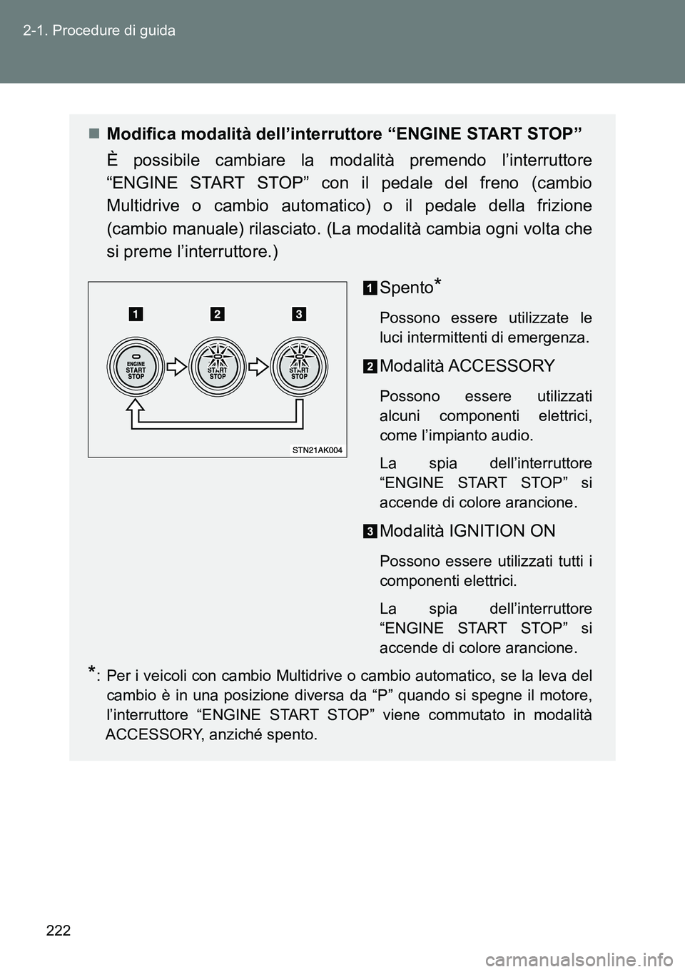 TOYOTA VERSO 2014  Manuale duso (in Italian) 222 2-1. Procedure di guida
Modifica modalità dell’interruttore “ENGINE START STOP”
È possibile cambiare la modalità premendo l’interruttore
“ENGINE START STOP” con il pedale del fre