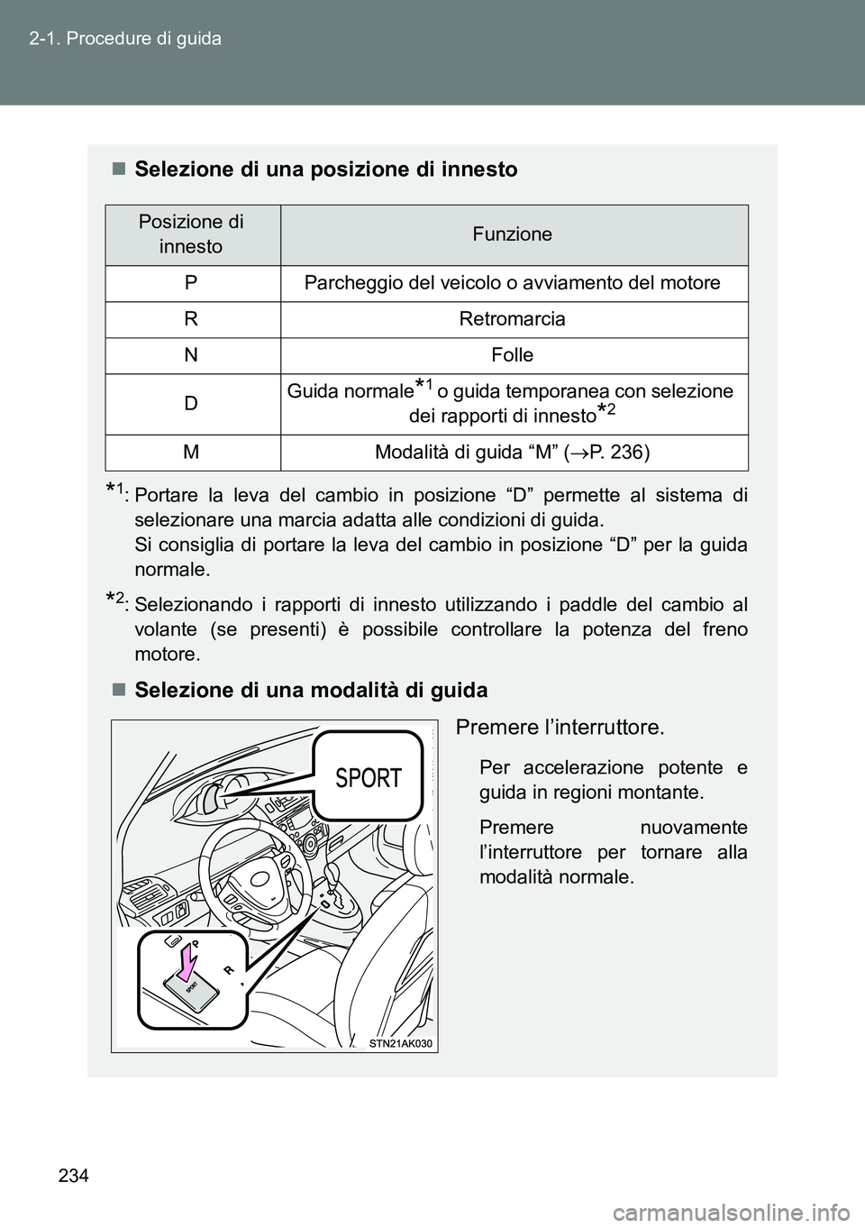 TOYOTA VERSO 2014  Manuale duso (in Italian) 234 2-1. Procedure di guida
Selezione di una posizione di innesto
*1: Portare la leva del cambio in posizione “D” permette al sistema di
selezionare una marcia adatta alle condizioni di guida.
