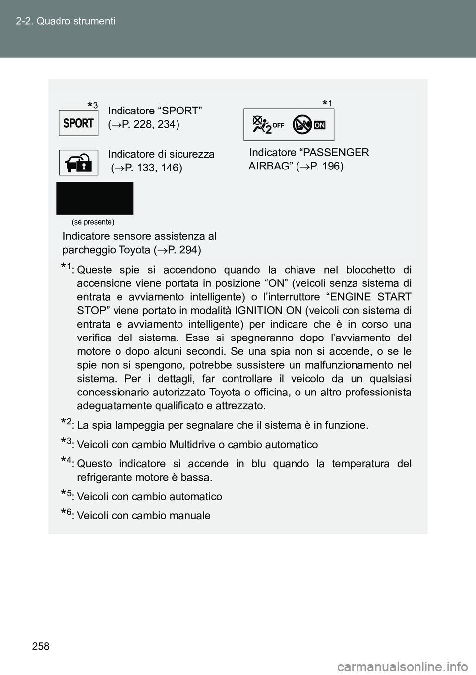 TOYOTA VERSO 2014  Manuale duso (in Italian) 258 2-2. Quadro strumenti
*1: Queste spie si accendono quando la chiave nel blocchetto di
accensione viene portata in posizione “ON” (veicoli senza sistema di
entrata e avviamento intelligente) o 