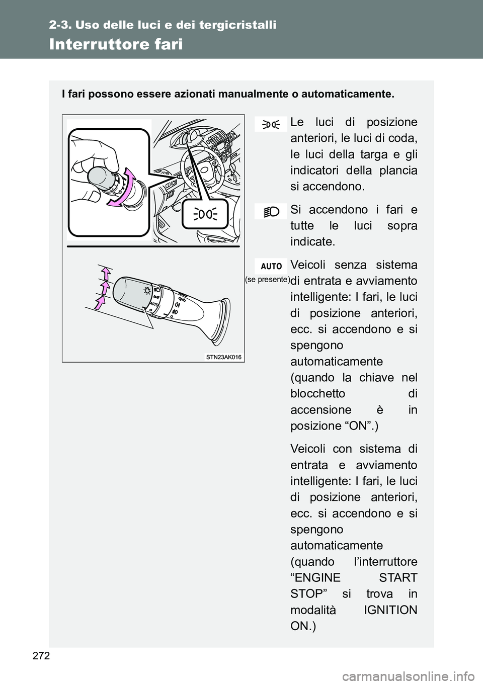 TOYOTA VERSO 2014  Manuale duso (in Italian) 272
2-3. Uso delle luci e dei tergicristalli
Interruttore fari
I fari possono essere azionati manualmente o automaticamente.
Le luci di posizione
anteriori, le luci di coda,
le luci della targa e gli
