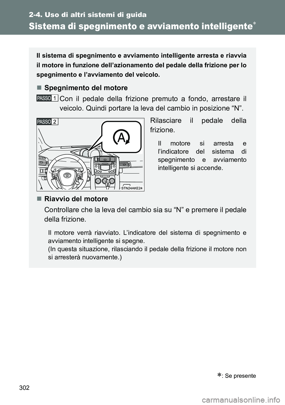 TOYOTA VERSO 2014  Manuale duso (in Italian) 302
2-4. Uso di altri sistemi di guida
Sistema di spegnimento e avviamento intelligente
: Se presente
Il sistema di spegnimento e avviamento intelligente arresta e riavvia
il motore in funzione 