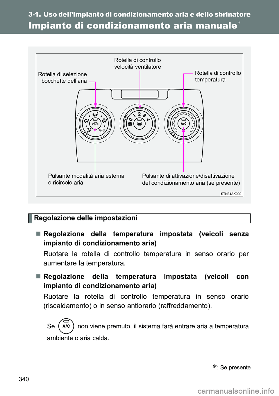 TOYOTA VERSO 2014  Manuale duso (in Italian) 340
3-1. Uso dell’impianto di condizionamento aria e dello sbrinatore
Impianto di condizionamento aria manuale
Regolazione delle impostazioni
Regolazione della temperatura impostata (veicoli s