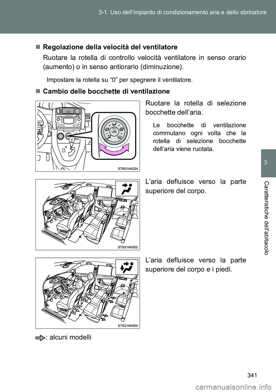 TOYOTA VERSO 2014  Manuale duso (in Italian) 341 3-1. Uso dell’impianto di condizionamento aria e dello sbrinatore
3
Caratteristiche dell’abitacolo
Regolazione della velocità del ventilatore
Ruotare la rotella di controllo velocità vent